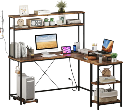 Costway L-Shaped Reversible Gaming Desk LED Power Outlets Hutch Monitor Stand Rustic Brown 812349675 New