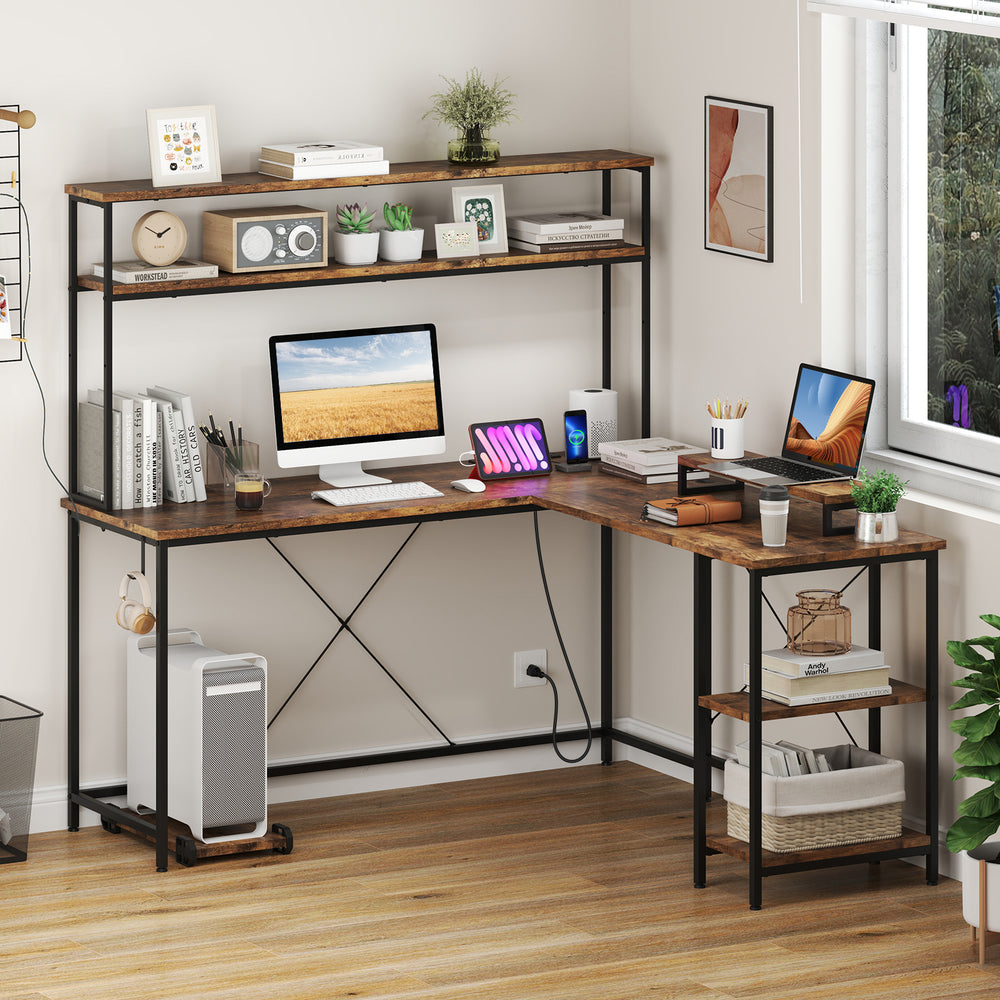 L-Shaped Reversible Gaming Desk with LED Strip and Power Outlets Hutch Monitor Stand-Rustic Brown - Gallery View 1 of 12