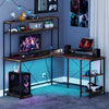 L-shaped reversible gaming desk in rustic brown with RGB LED lights, monitor stand, and storage shelves for organized.