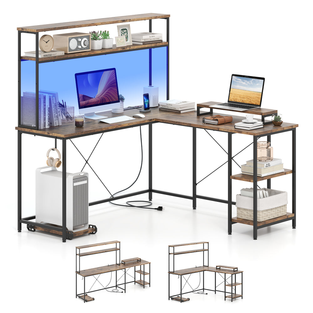 L-shaped reversible gaming desk in rustic brown with LED strip, monitor stand, and storage shelves for organized.