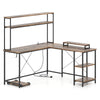 L-shaped reversible gaming desk in rustic brown with LED strip, power outlets, and adjustable monitor stand for.