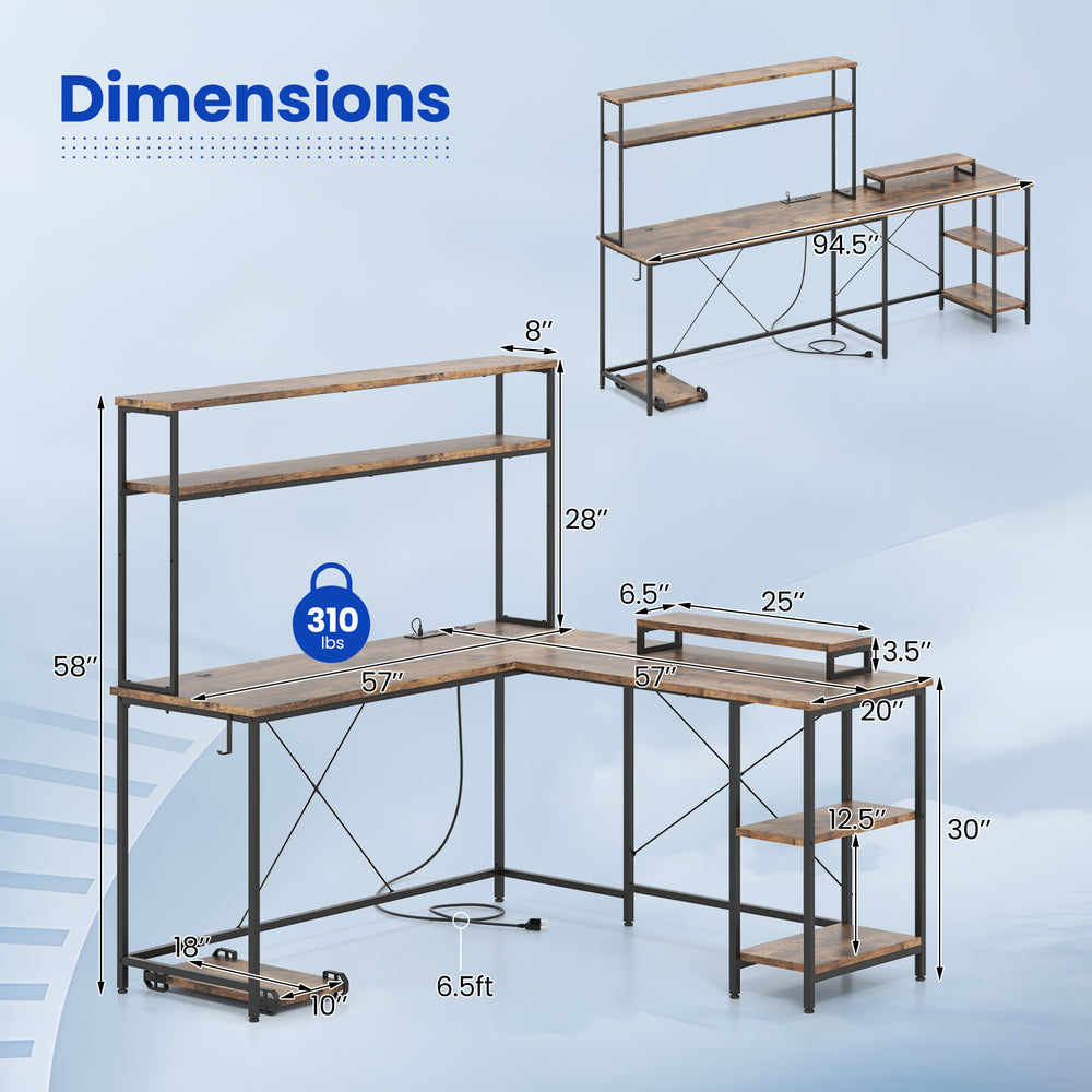 L-shaped reversible gaming desk in rustic brown with adjustable shelves, LED lights, and power outlets for a.