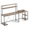 L-shaped reversible gaming desk in rustic brown with LED strip, power outlets, and adjustable shelves for organized.