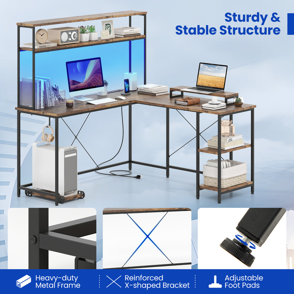 L-shaped reversible gaming desk in rustic brown with LED strip, adjustable monitor stand, and heavy-duty metal frame.