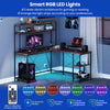 L-shaped gaming desk in rustic brown with RGB LED lights, adjustable monitor stand, and power outlets for versatile use.