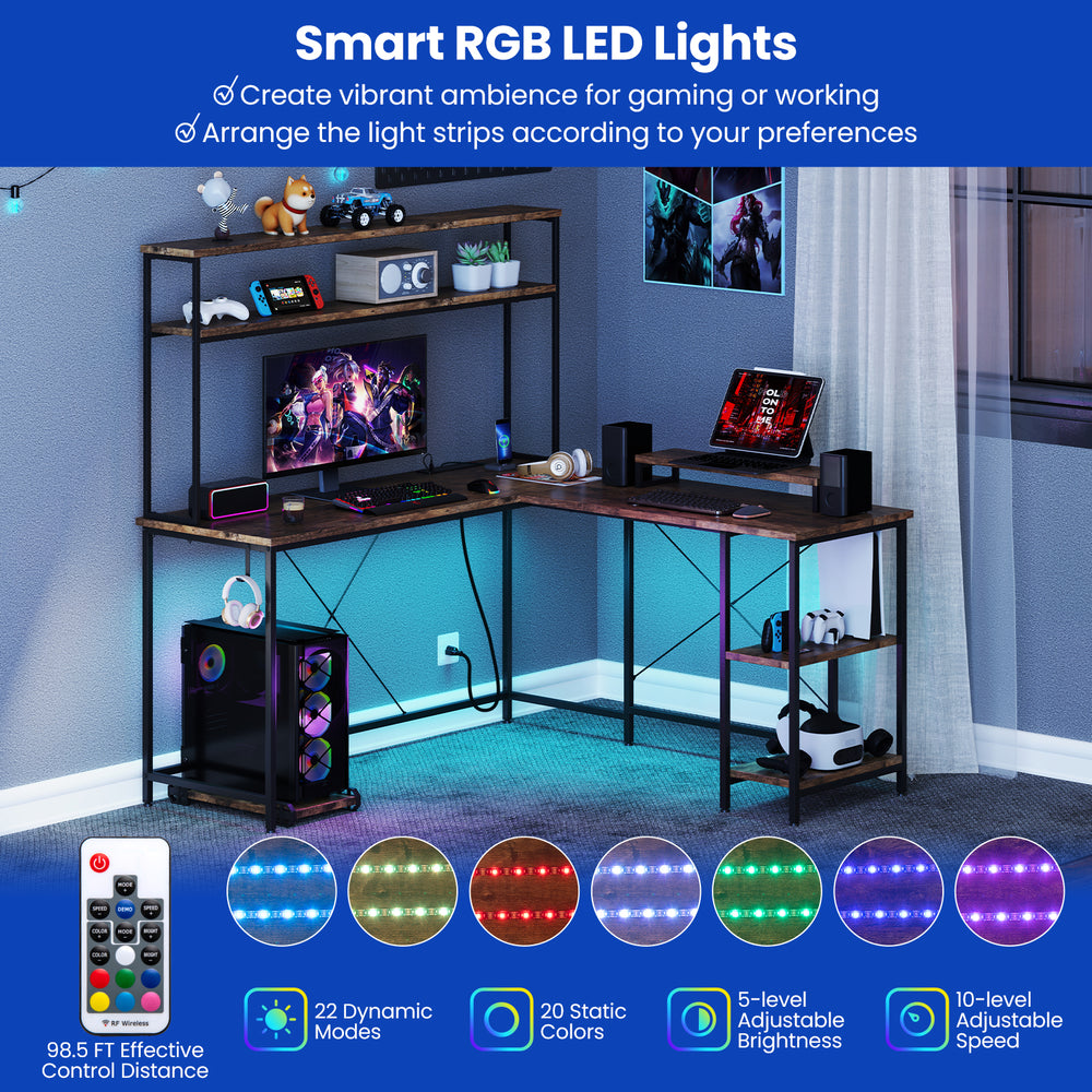 L-shaped gaming desk in rustic brown with RGB LED lights, adjustable monitor stand, and power outlets for versatile use.