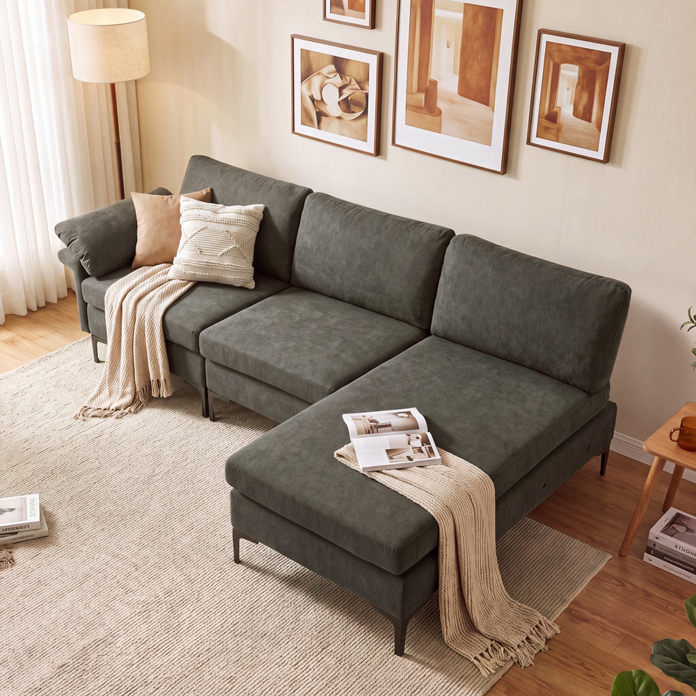 L-Shaped Sectional Sofa Convertible 4-Seater Modular Couch with 2 3-Hole Outlets and 4 USB Ports-Gray - Gallery View 1 of 10