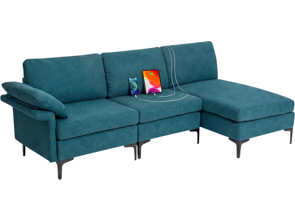 L-shaped sectional sofa in turquoise with 2 outlets, 4 USB ports, and hidden storage compartments for versatile lounging.