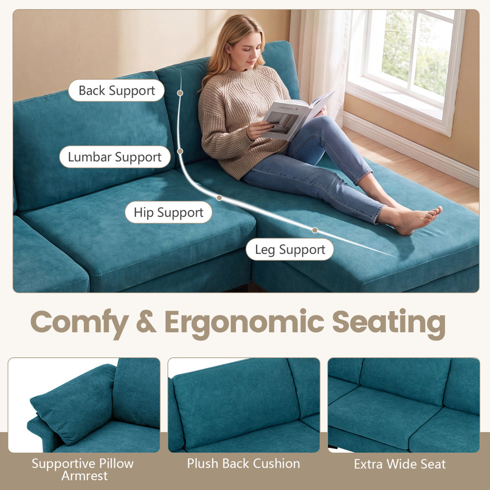 L-shaped sectional sofa in turquoise with ergonomic support, USB ports, and hidden storage for versatile lounging.