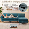 L-shaped sectional sofa in turquoise with 2 AC outlets, 4 USB ports, and 4 hidden storage compartments for convenience.