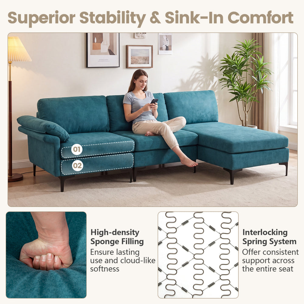 L-shaped sectional sofa in turquoise with high-density sponge filling, offering comfort and versatile lounging for four.