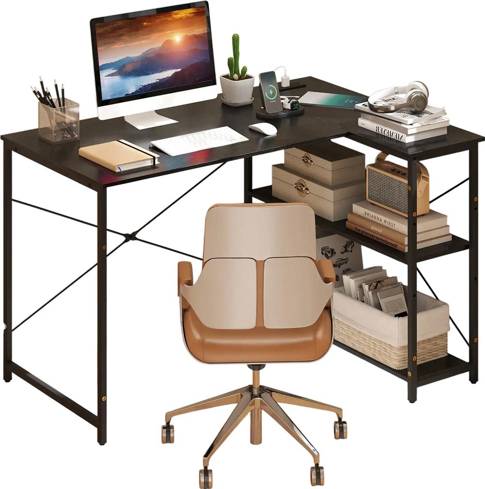 L-shaped 47-inch corner desk in black with adjustable storage shelves and built-in charging station for home office use.