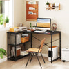 L-shaped 47-inch black corner desk featuring a sleek surface, adjustable shelves, and a built-in charging station for.