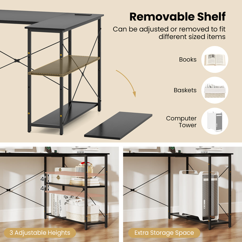 L-shaped 47-inch black corner desk with adjustable removable shelf for books, baskets, or a computer tower.