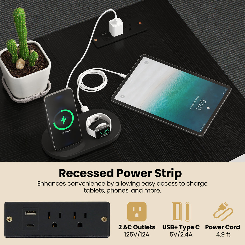 L-shaped 47-inch corner desk with built-in charging station, 2 AC outlets, USB, and adjustable shelves for versatile.