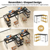 L-shaped 47-inch reversible corner desk with adjustable storage shelves, built-in charging station for home office use.