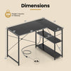 L-shaped 47-inch black corner desk with adjustable shelves, built-in charging station, and heavy-duty metal frame.