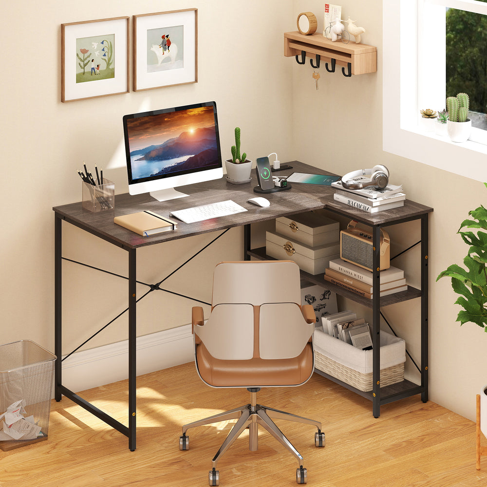 L-shaped 47 Inch Reversible Corner Desk with Adjustable Storage Shelves-Gray - Gallery View 1 of 10