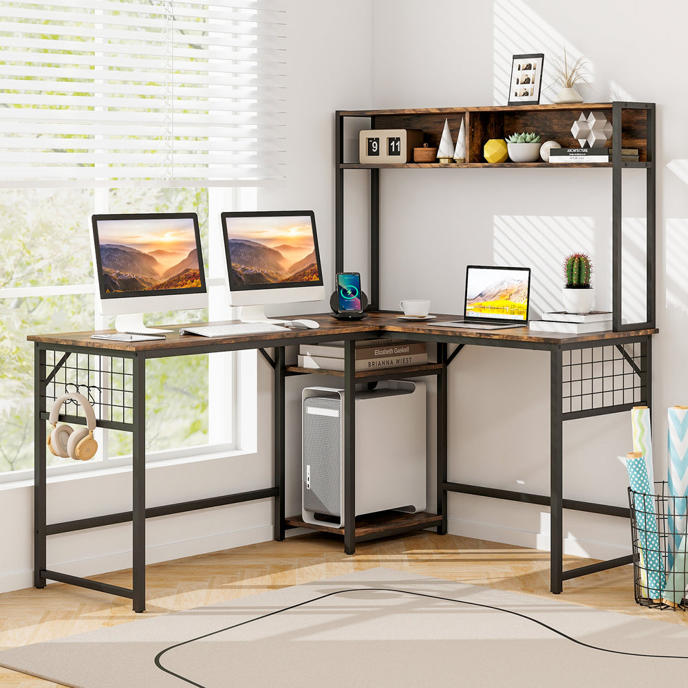 L-shaped Desk with Power Outlet Hutch-Rustic Brown - Gallery View 1 of 11