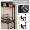 L-shaped desk with power outlet hutch in black, featuring anti-tipping kits and ample space for work or gaming.