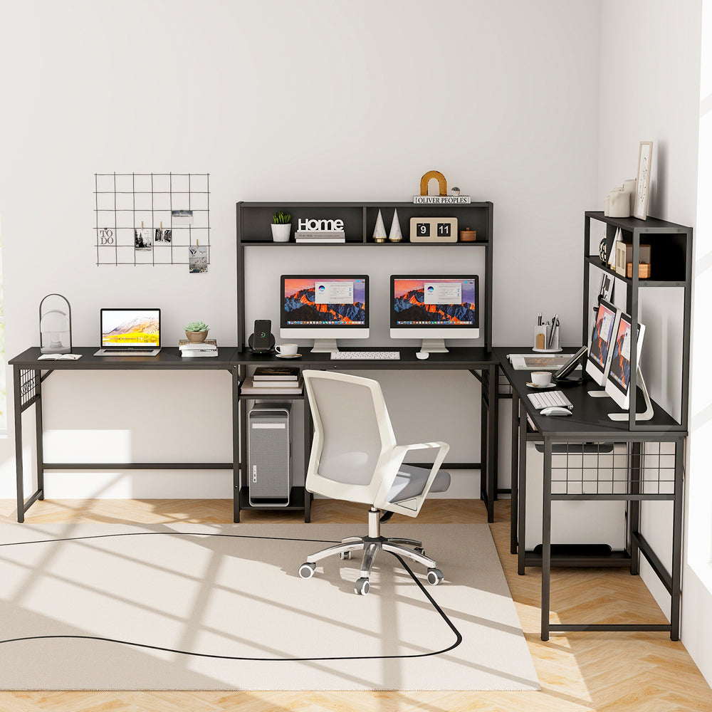 L-shaped black desk with power outlet hutch, ample workspace, and removable hooks for versatile office organization.