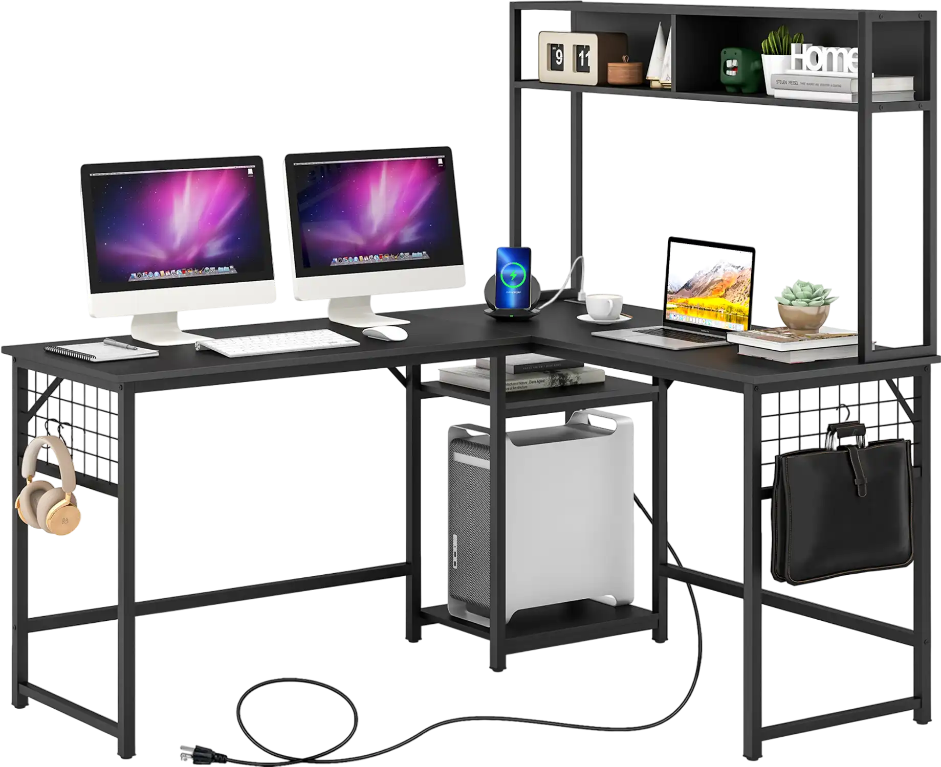 Costway L-Shaped Desk with Power Outlet Hutch 89472365 New