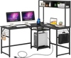 L-shaped black desk with a hutch, featuring a convenient charging station and three removable hooks for organization.
