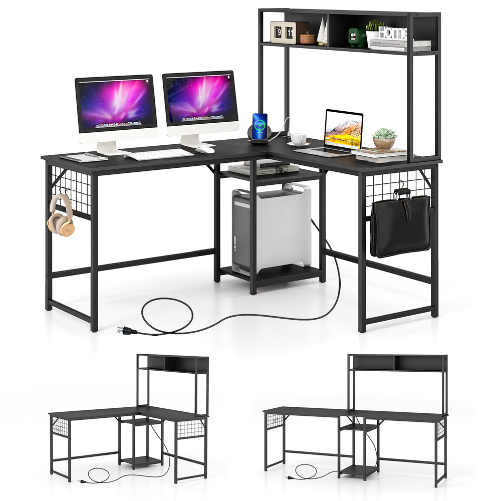 L-shaped black desk with power outlet hutch, featuring a bottom shelf that serves as a CPU stand for versatile use.