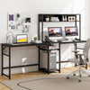 L-shaped black desk with hutch, featuring a spacious tabletop and adjustable foot pads for stability and scratch.