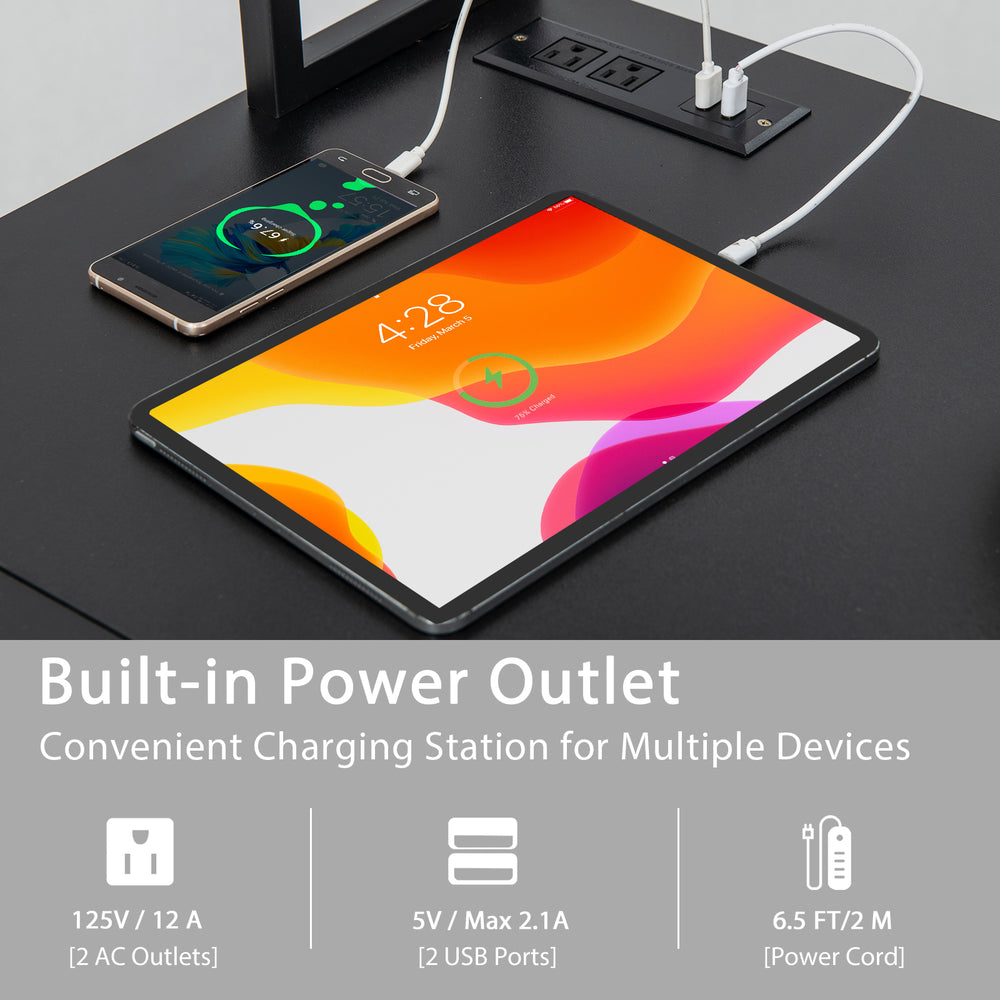 L-shaped desk with built-in power outlet, featuring ample workspace and charging station for multiple devices.