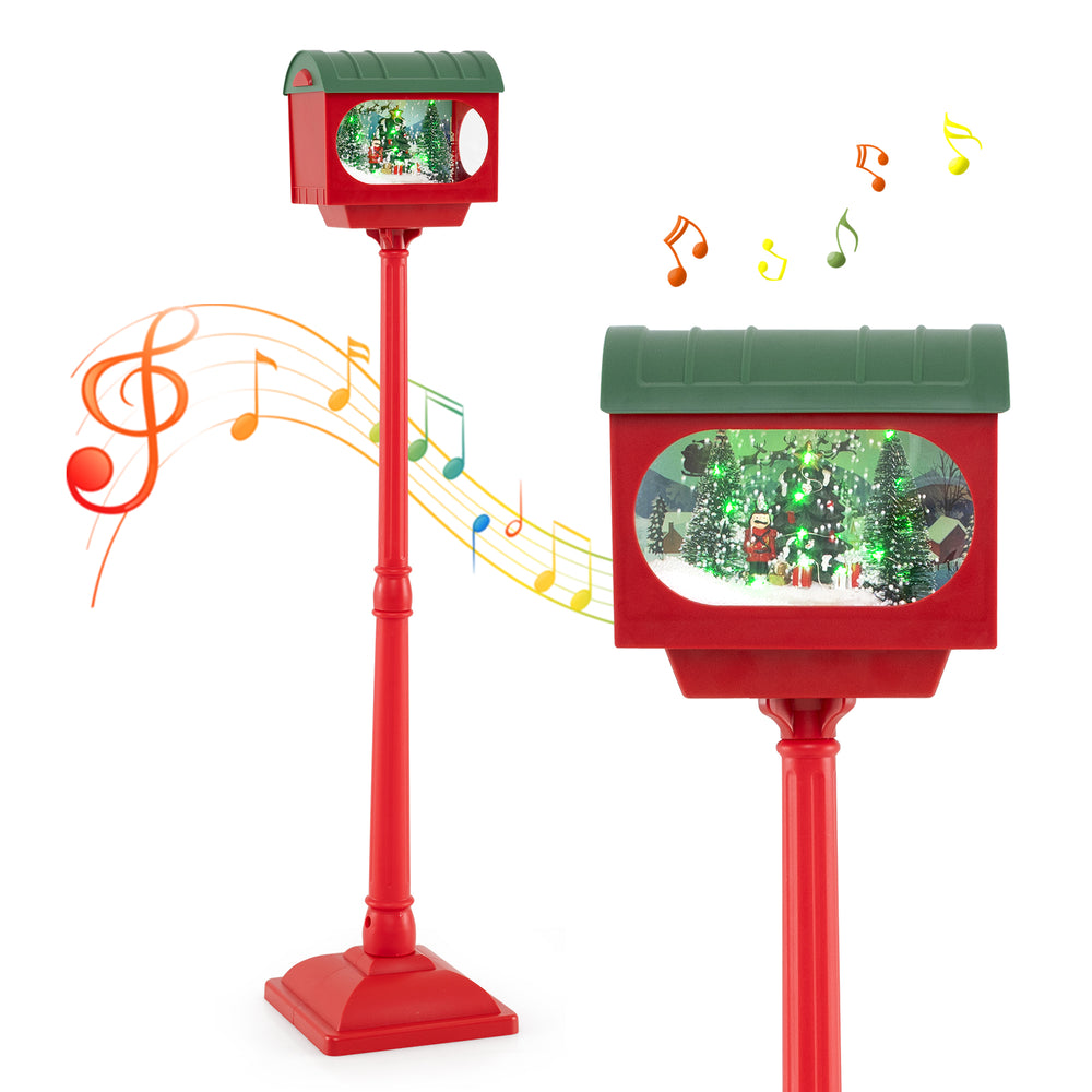 Christmas street lamp with sound-activated snow globe, featuring colorful lights and festive scenes for holiday.