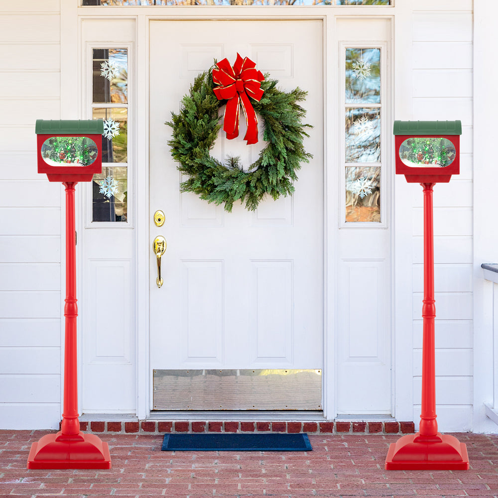 Detachable mailbox-shaped lantern of the 59-inch Christmas street lamp, showcasing a festive scene and vibrant colors.