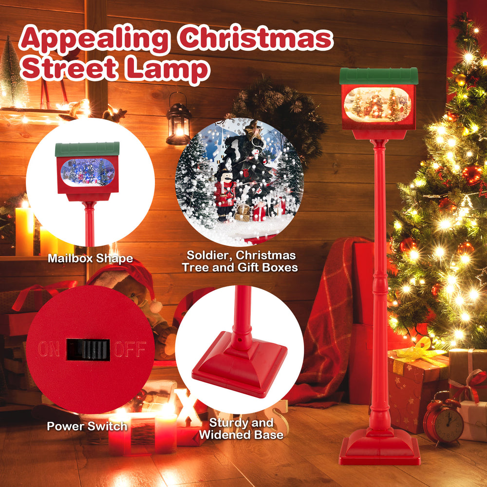 Christmas street lamp with sound-activated snow globe lantern, featuring soldier and tree scenes, perfect for festive.