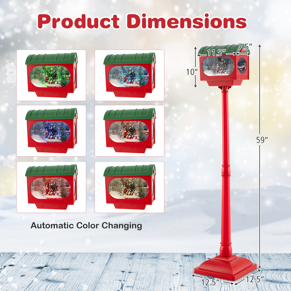59-inch red Christmas street lamp with sound-activated snow globe lantern and colorful lights for festive decoration.
