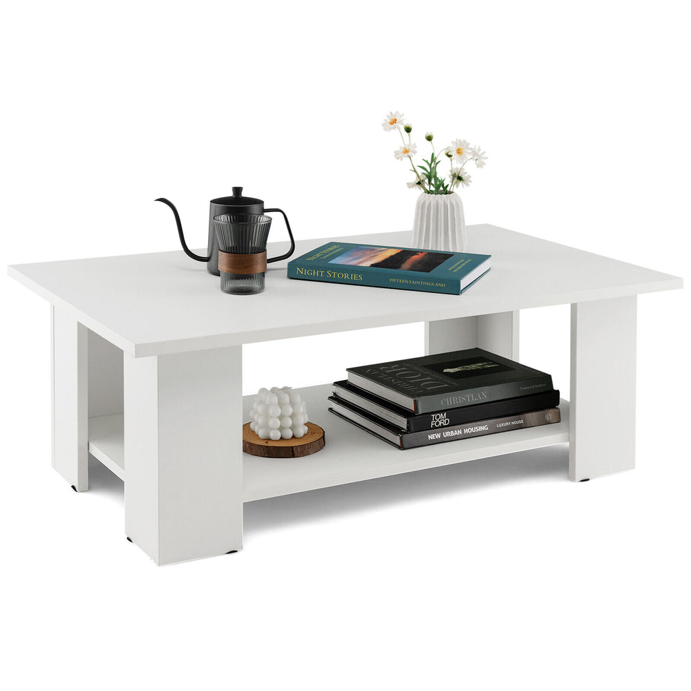 Large white wooden coffee table with 2-tier storage shelf, perfect for living rooms and versatile decor styles.