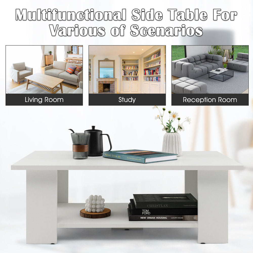 Large 36-inch white wooden coffee table with two-tier storage shelf, ideal for living rooms and versatile settings.