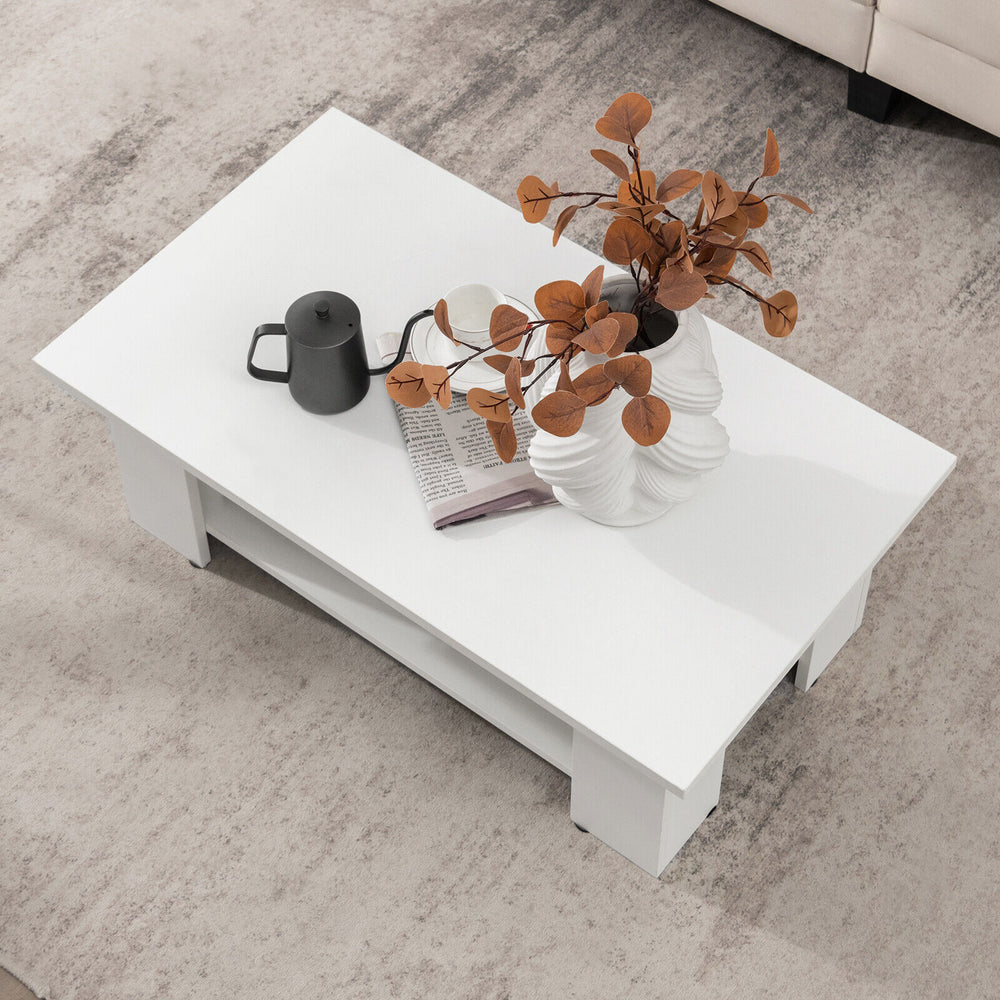 Large 36-inch white wooden coffee table with storage shelf, featuring a smooth surface and modern design for versatile.