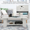 Large 36-inch white wooden coffee table with extra support leg for stability and open storage shelf, ideal for modern.