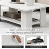Large 36-inch white coffee table with smooth, water-resistant top and dual storage shelves for versatile use.