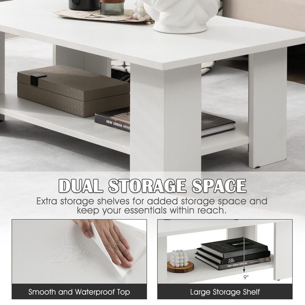 Large 36-inch white coffee table with smooth, water-resistant top and dual storage shelves for versatile use.