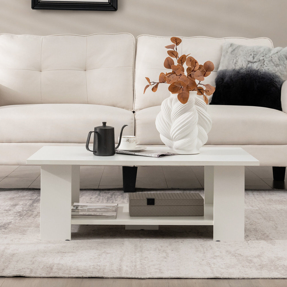 Large 36 Inch 2-Tier Wooden Modern Coffee Table with Storage Shelf-White - Gallery View 1 of 10