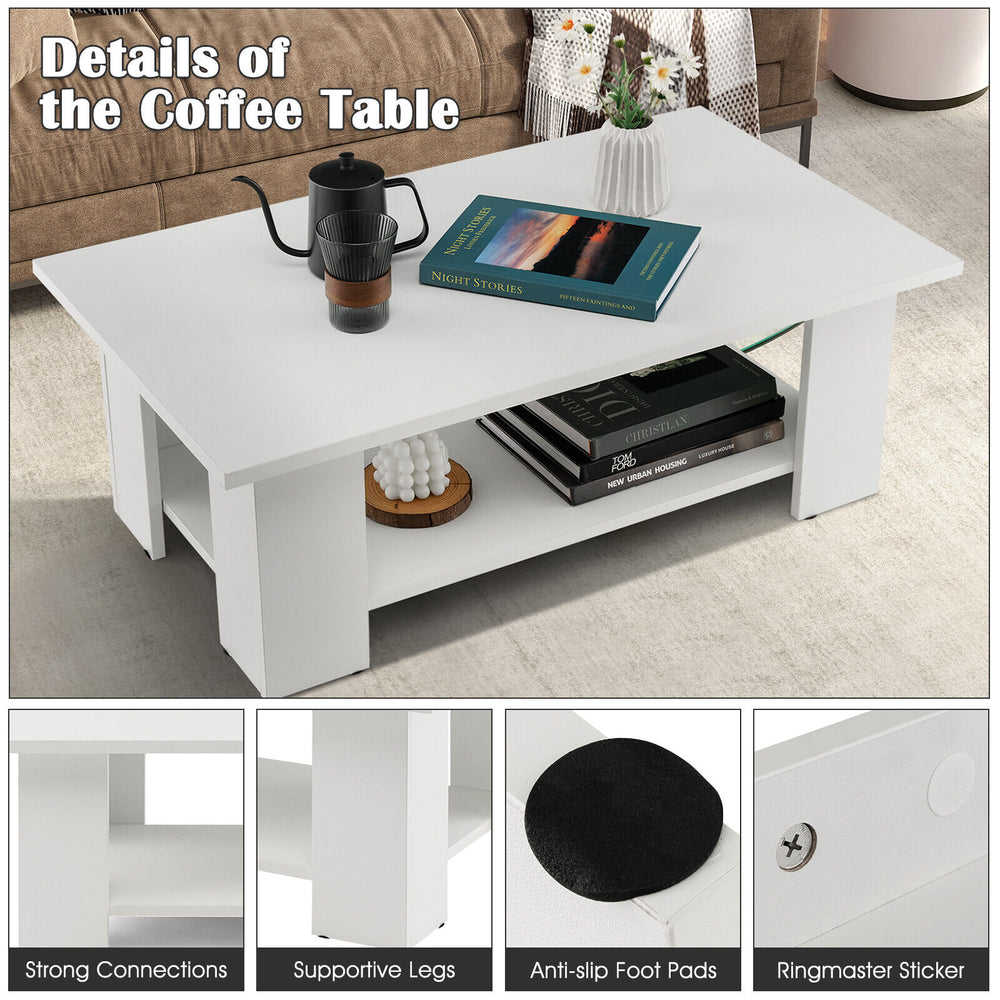 Large 36-inch white coffee table with 2-tier storage shelf, featuring a smooth surface and supportive legs for.