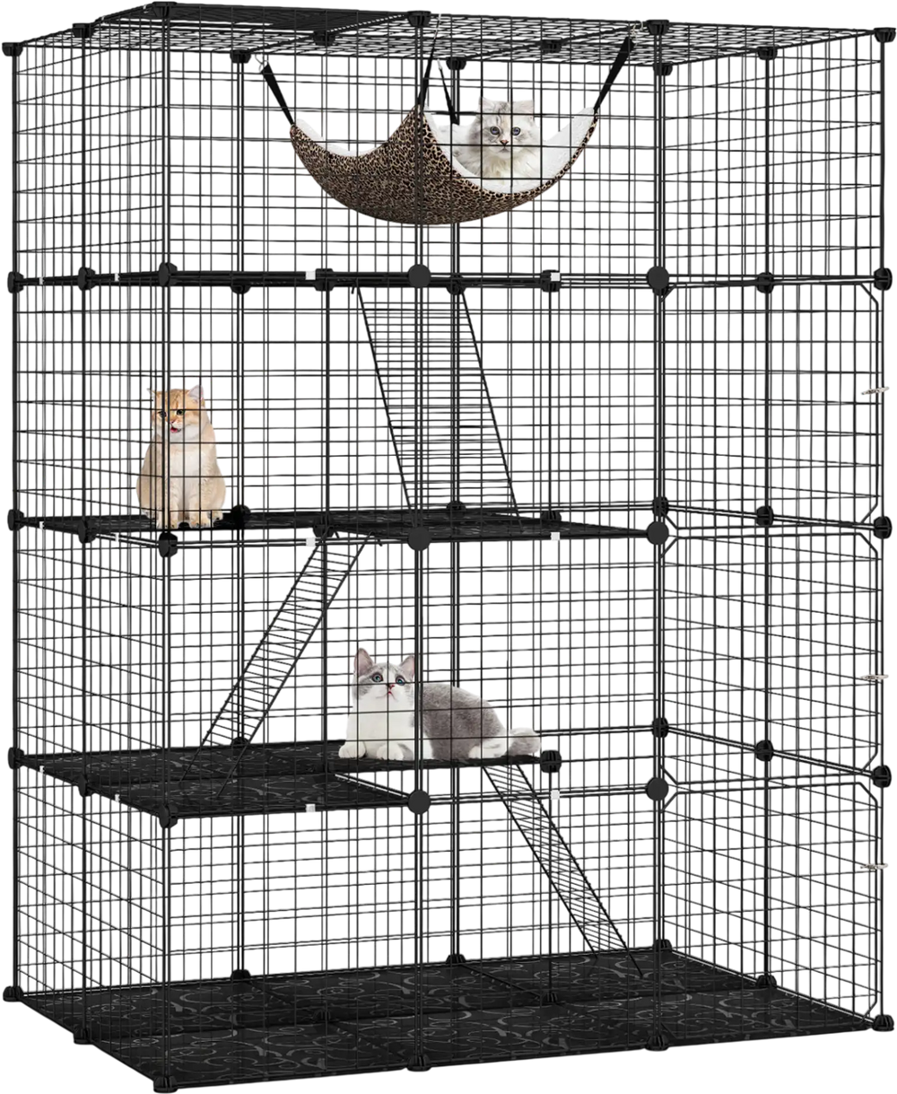 Large 4-tier black cat cage features a hammock, climbing ladder, and multiple platforms for 1-4 cats to play and relax.