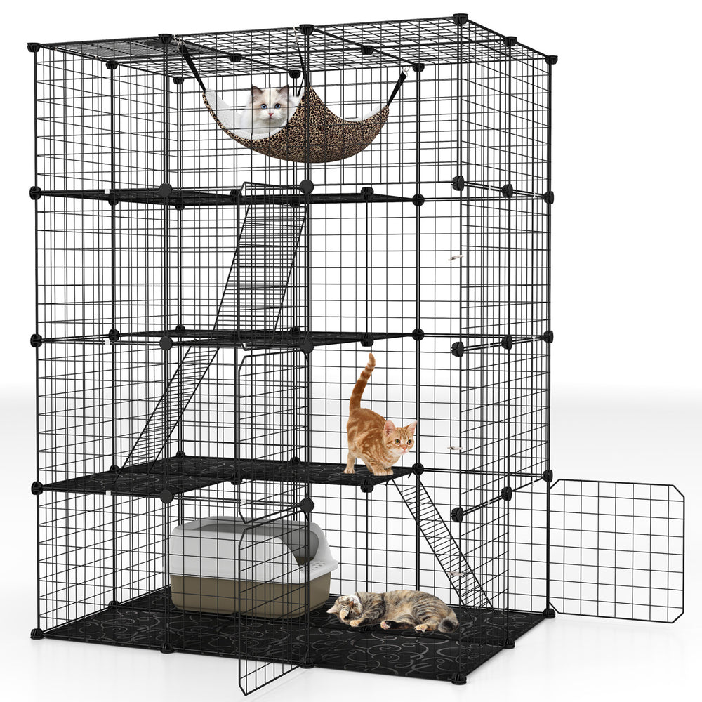 Large 4-tier black cat cage with skylight, hammock, and multiple platforms for climbing, playing, and resting.