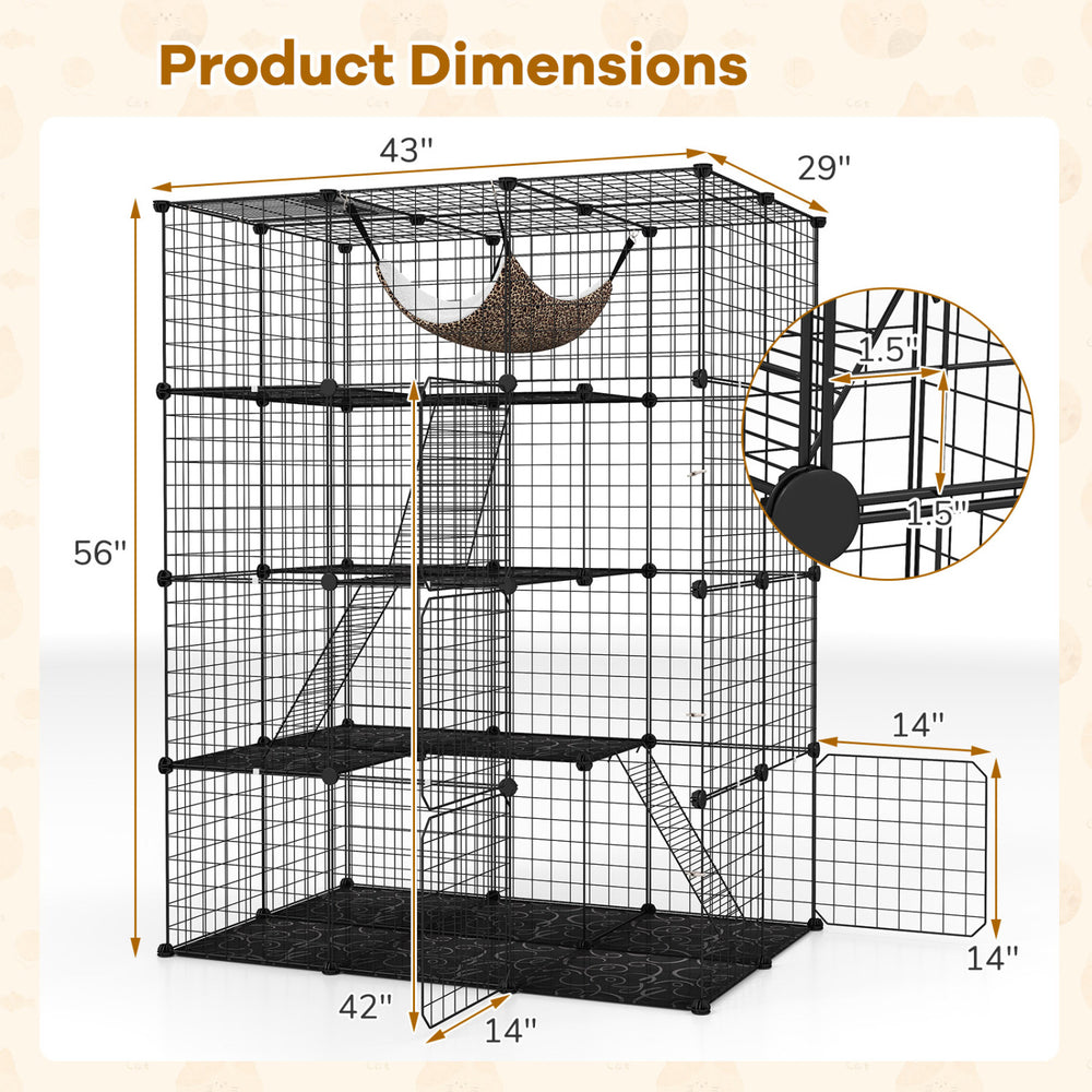 Large 4-tier black cat cage features a skylight, hammock, and climbing ladder for 1-4 cats to play and relax.