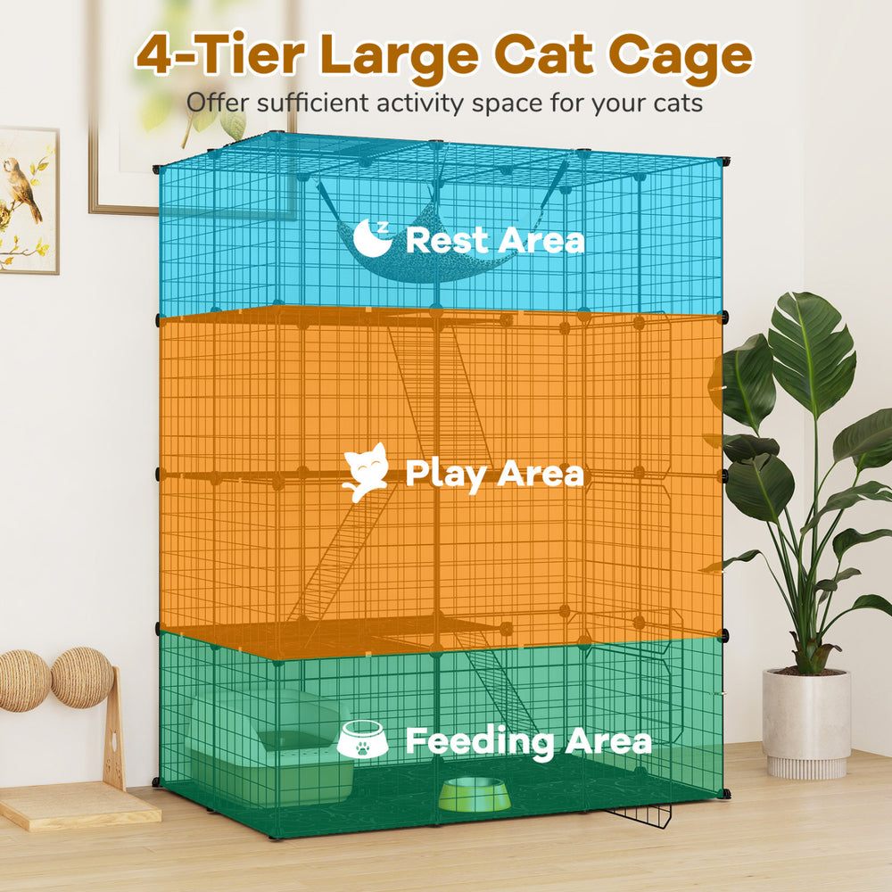 Large 4-tier cat cage in black features a skylight, hammock, and multiple areas for play, rest, and feeding.