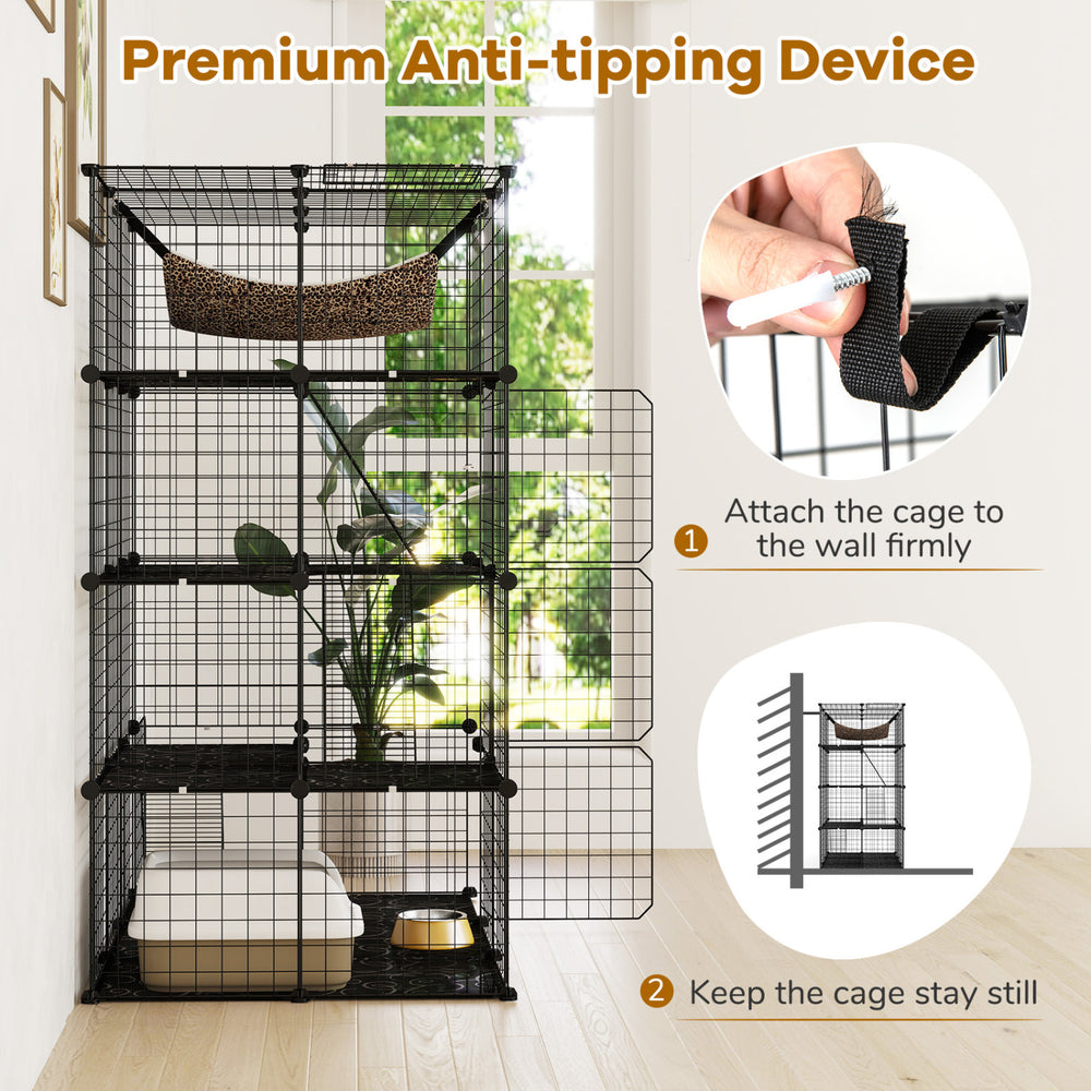 Large 4-tier black cat cage features a hammock and skylight, ideal for 1-4 cats to climb, play, and relax safely.