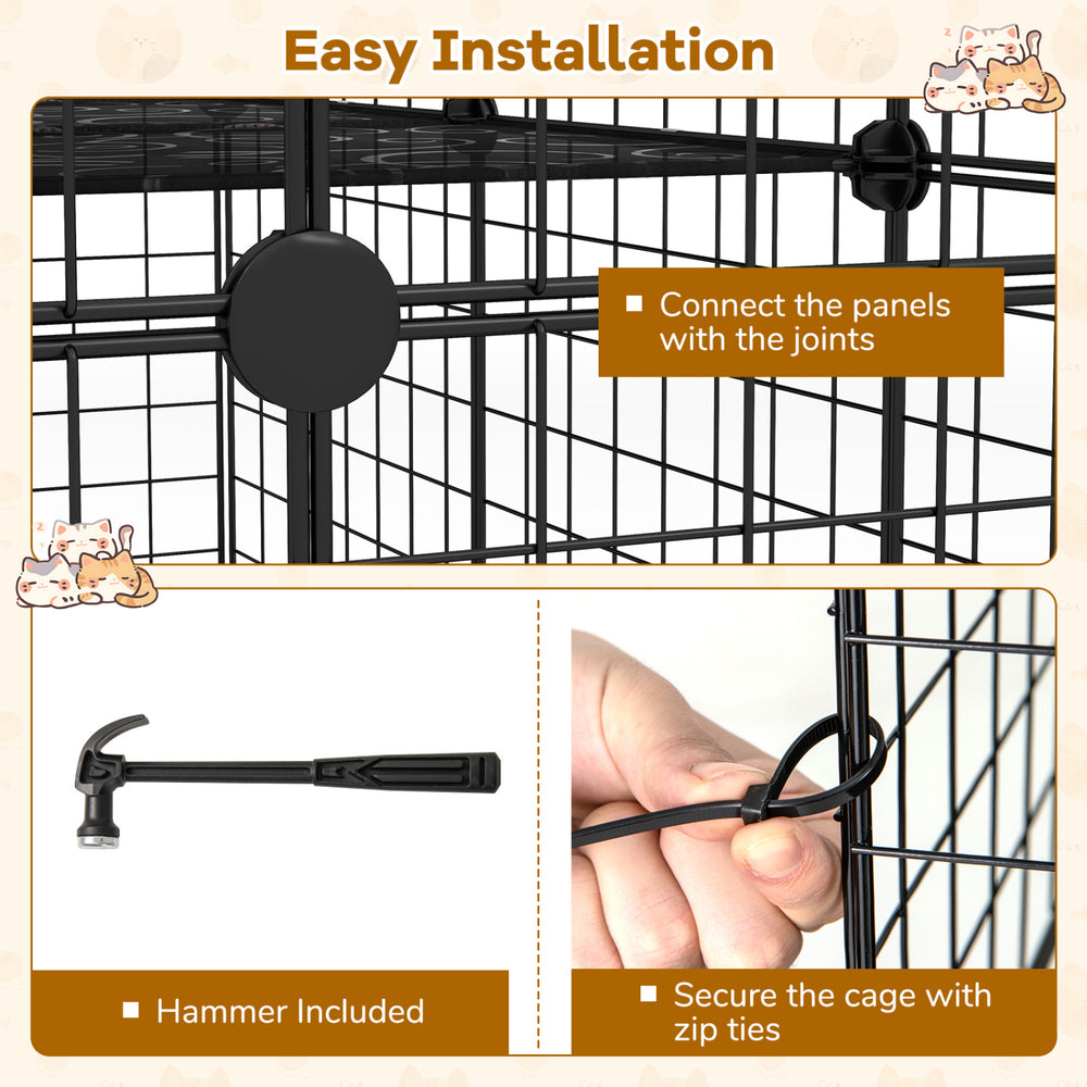 Large 4-tier black cat cage features multiple doors, a skylight, and a hammock for 1-4 cats to play and relax.