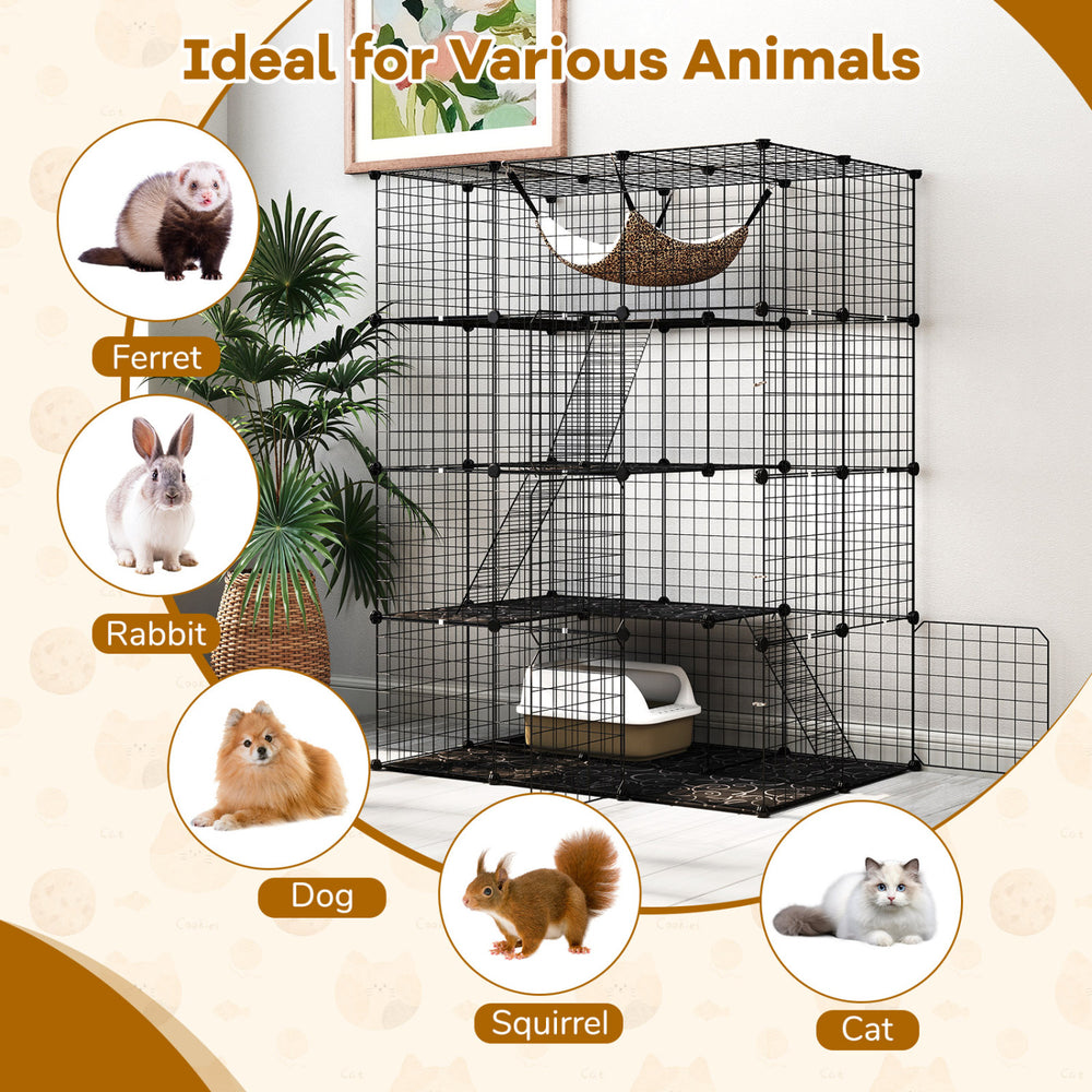 Large 4-tier black cat cage features a skylight, hammock, and sturdy design for 1-4 cats and other small animals.