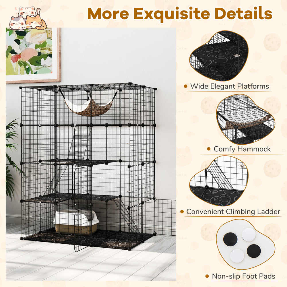 Large 4-tier black cat cage features a skylight, hammock, climbing ladder, and spacious platforms for playful pets.